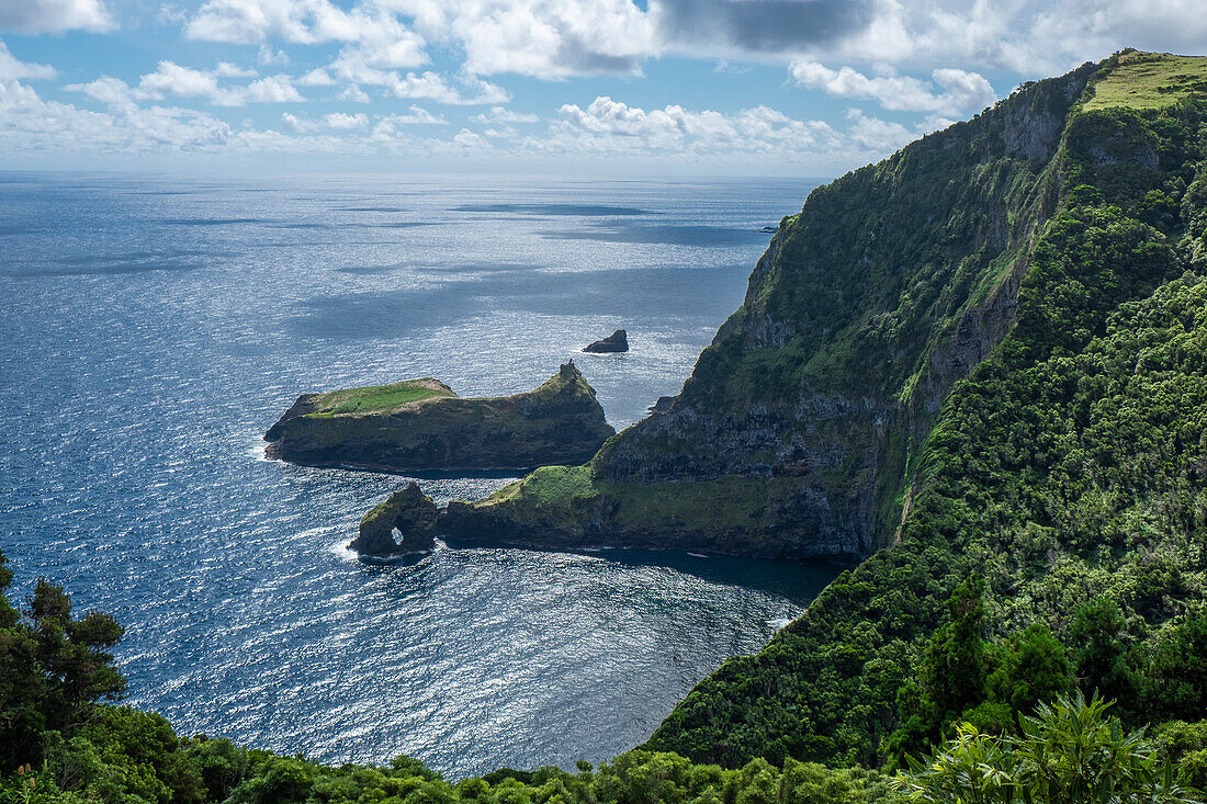Blick auf die Küste vom Miradouro do Ilheu Furado mit einem natürlichen Bogen im Meer, Insel Flores, Azoren-Inseln, Portugal, Atlantischer Ozean, Europa