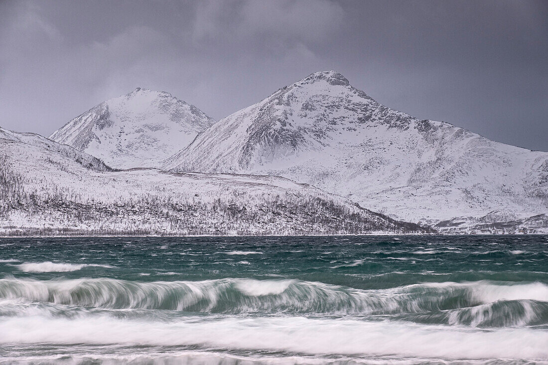 Wellen am Grotfjord (Grotfjorden) Strand im Winter, Insel Kvaloya, bei Tromvik, Provinz Troms og Finnmark, Norwegen, Skandinavien, Europa