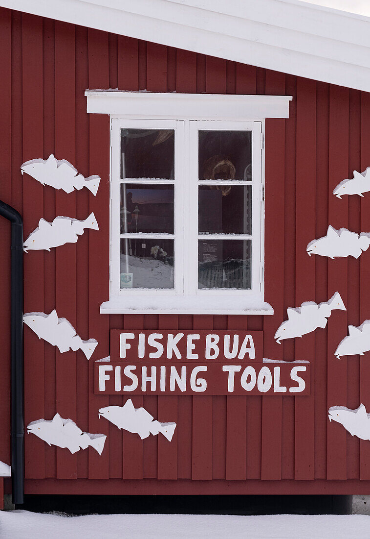 Typische rote Fischerhütte (Rorbu), Dorf Reine, Gemeinde Moskenes, Landkreis Nordland, Lofoten, Norwegen, Skandinavien, Europa