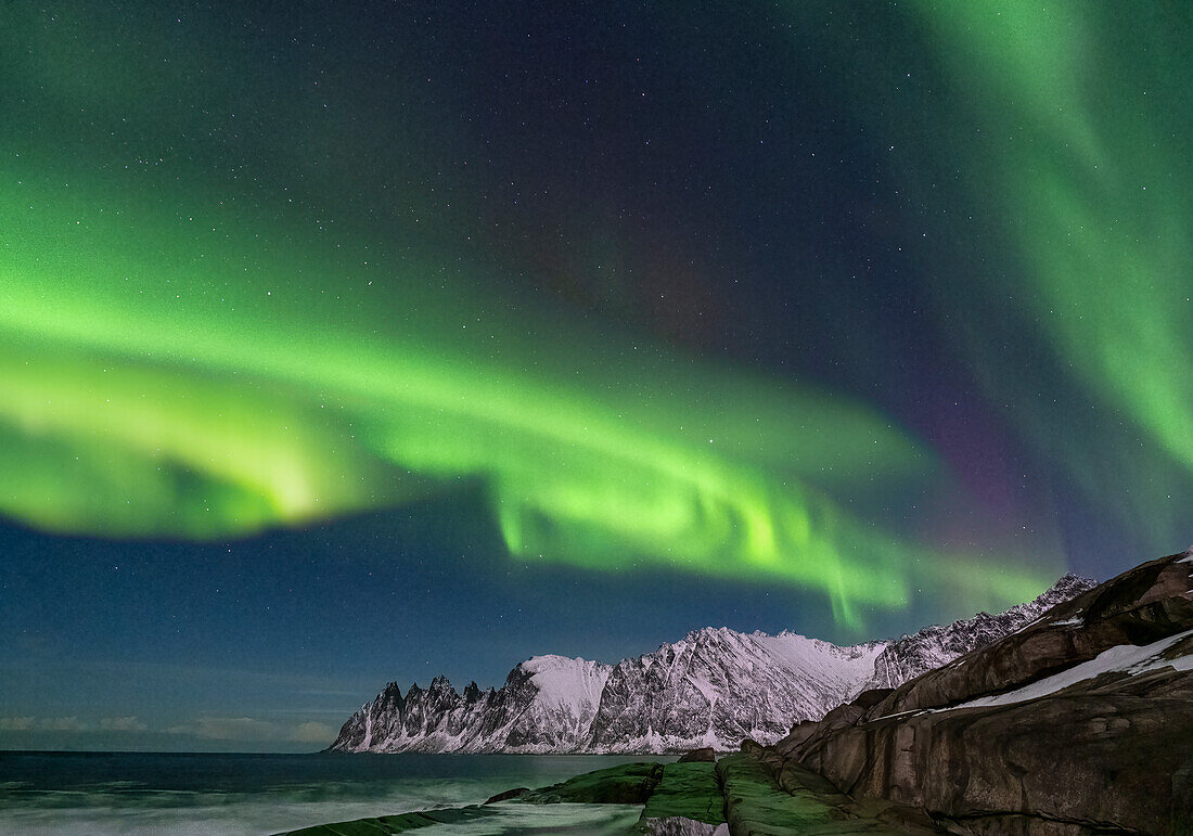 Das Nordlicht über dem Teufelskiefer (Teufelszähne), Oskornan-Gebirge, Tungeneset, Senja, Provinz Troms og Finnmark, Norwegen, Skandinavien, Europa