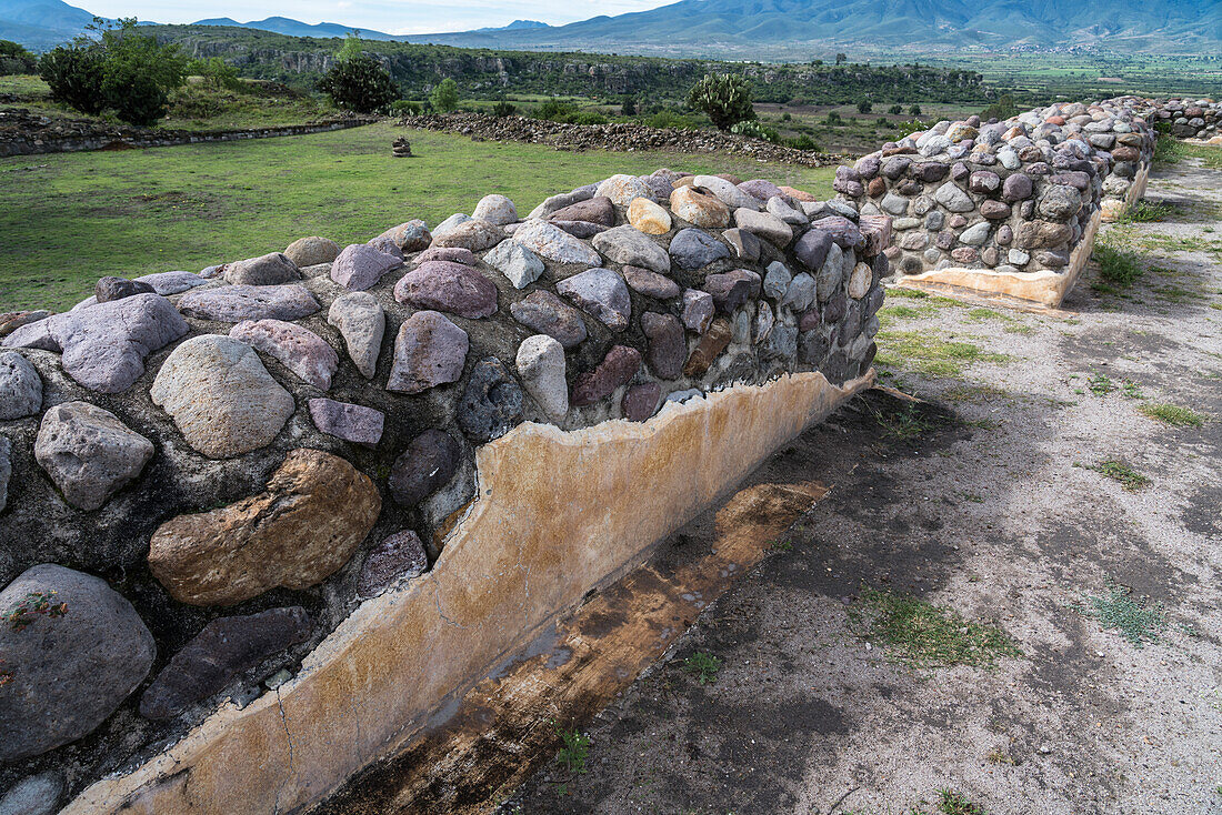 Some of the original stucco coating of the walls and floor are still present in the Palace on Patio 1 in the ruins of the Zapotec city of Yagul, near Oaxaca, Mexico.