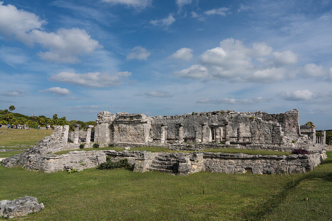 The House of the Columns in the ruins of the Mayan city of Tulum on the coast of the Caribbean Sea. Tulum National Park, Quintana Roo, Mexico.