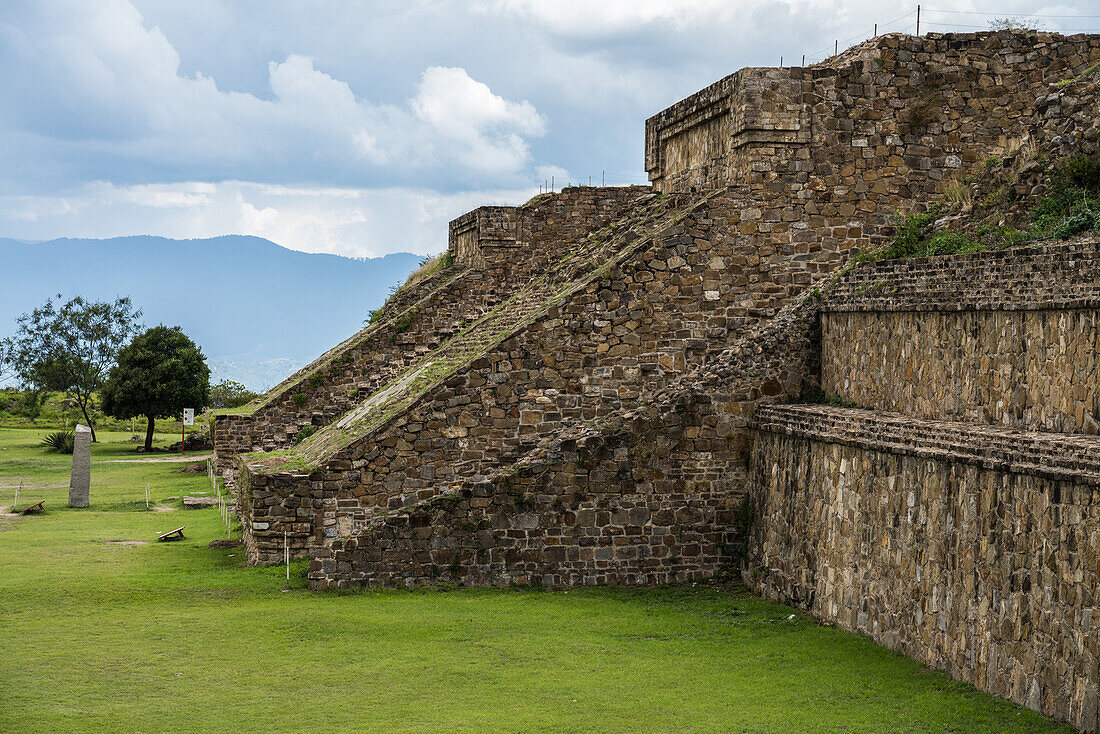 The stairway on the front of the North Platform of the pre-Columbian Zapotec ruins of Monte Alban in Oaxaca, Mexico. A UNESCO World Heritage Site.