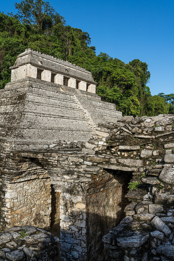 The Temple of the Inscriptions with Palace rooms in the foreground at the ruins of the Mayan city of Palenque, Palenque National Park, Chiapas, Mexico. A UNESCO World Heritage Site.