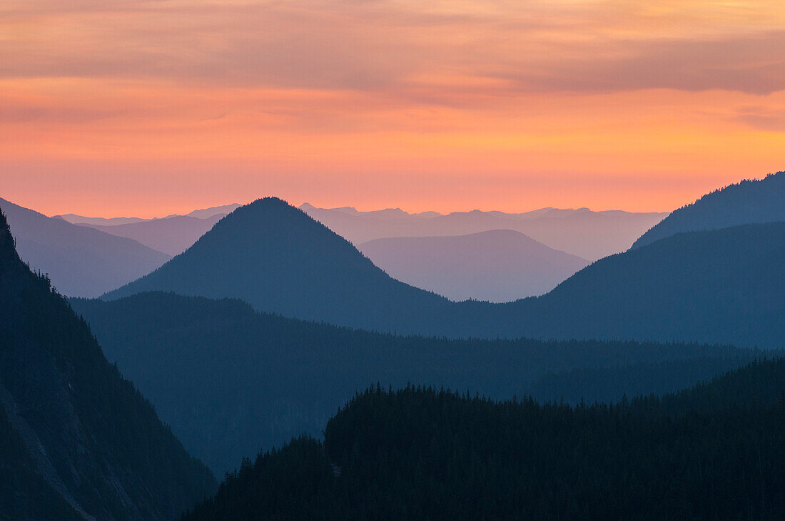 Nisqually River Valley, Tumtum Peak and mountain ridges at sunset from Inspiration Point; Mount Rainier National Park, Washington.