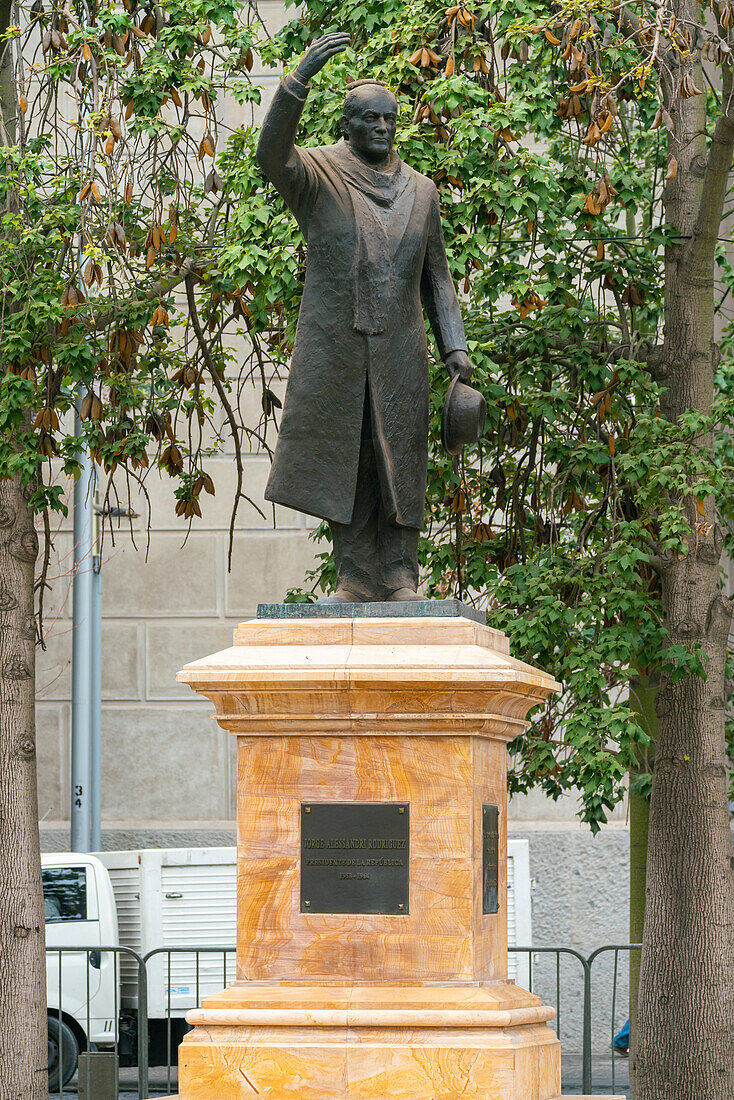 Statue of Chilean president Jorge Alessandri Rodriguez at Plaza de la Constitucion in front of La Moneda palace, Santiago, Santiago Metropolitan Region, Chile, South America