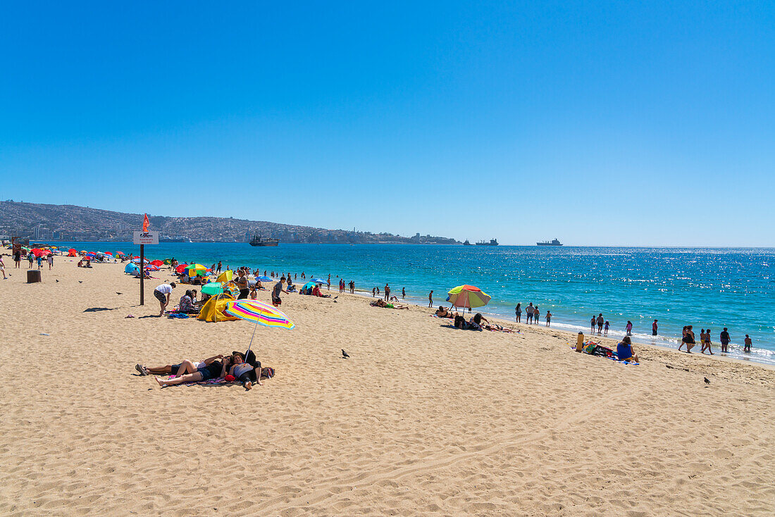 People sun bathing at Caleta Portales beach, Valparaiso, Valparaiso Province, Valparaiso Region, Chile, South America