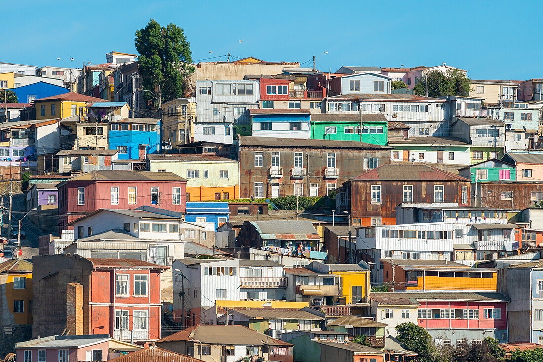 Colorful houses of Valparaiso, Valparaiso, Valparaiso Province, Valparaiso Region, Chile, South America