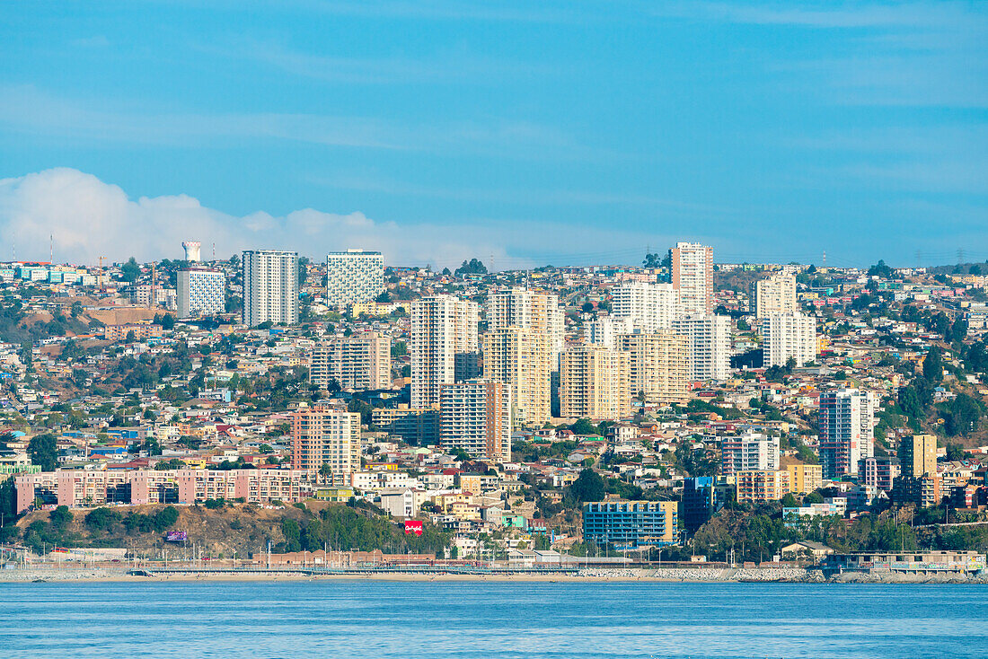View of Valparaiso and its high-rise residential houses, Valparaiso Province, Valparaiso Region, Chile, South America