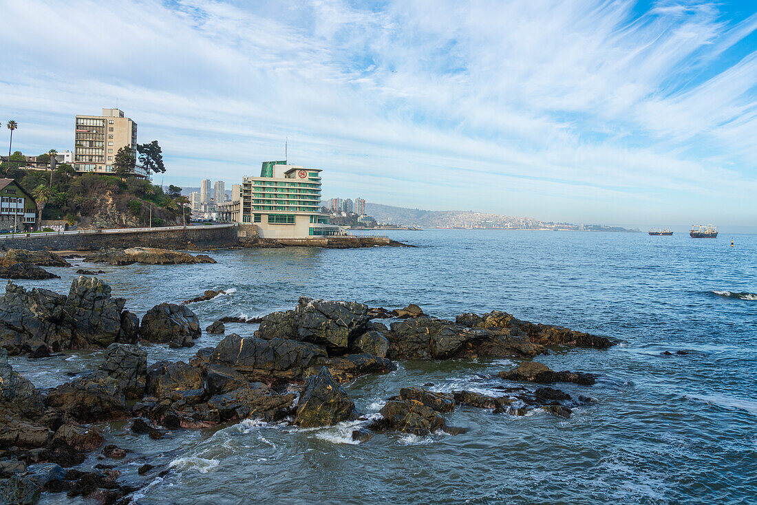 Rocky coastline with Sheraton Miramar hotel, Vina del Mar, Valparaiso Region, Chile, South America