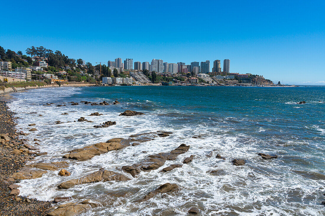 Bahamas beach and highrise buildings in background, Concon, Valparaiso Province, Valparaiso Region, Chile, South America