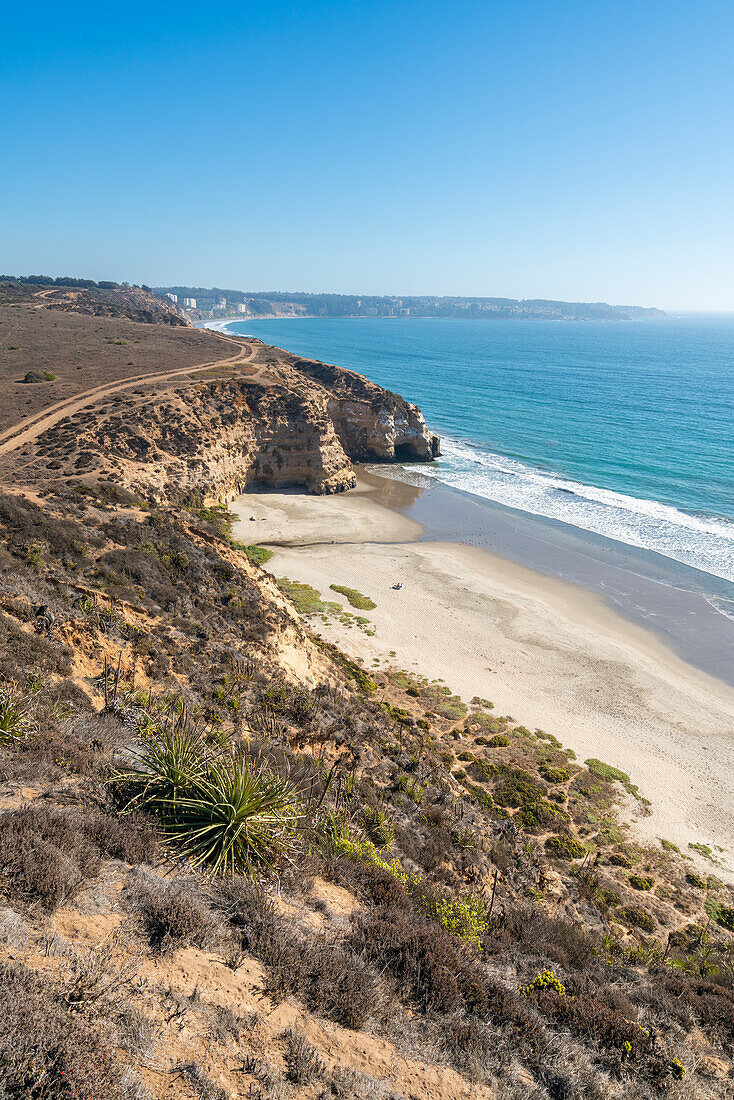 Elevated view of Quirilluca beach, Puchuncavi, Valparaiso Province, Valparaiso Region, Chile, South America