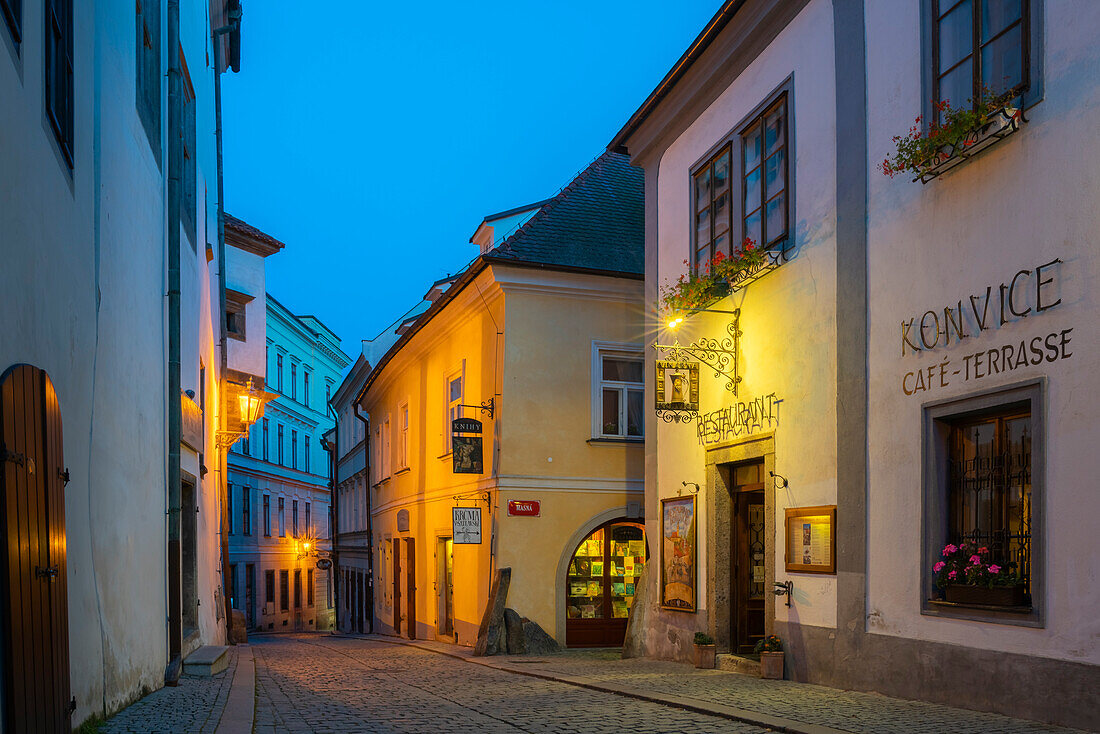 Empty street in historical center at twilight, UNESCO World Heritage Site, Cesky Krumlov, South Bohemian Region, Czech Republic (Czechia), Europe