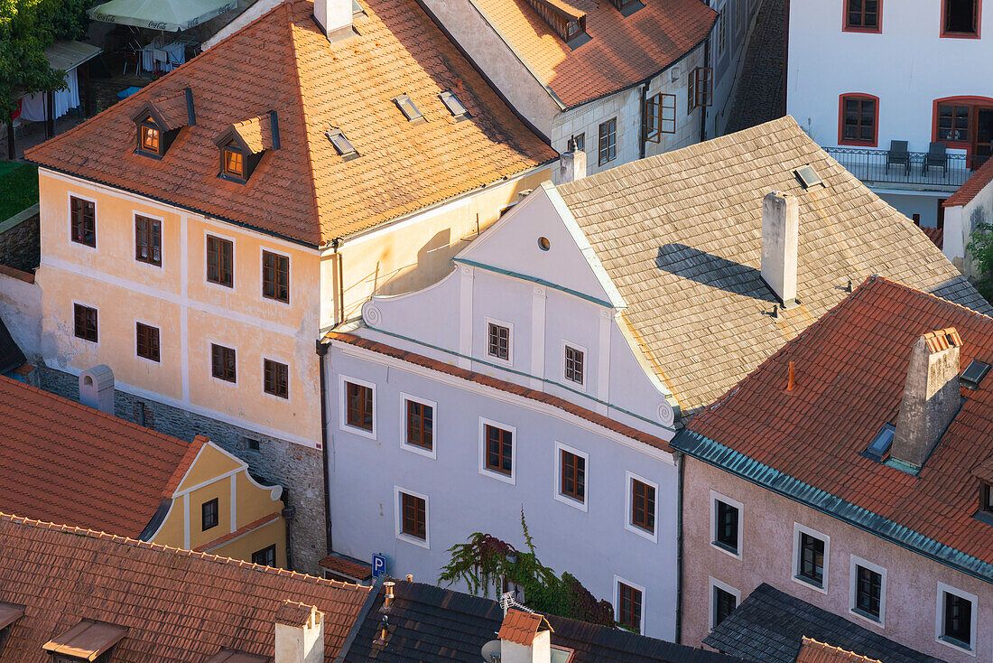 High angle view of houses in historical center of Cesky Krumlov, UNESCO World Heritage Site, Cesky Krumlov, Czech Republic (Czechia), Europe