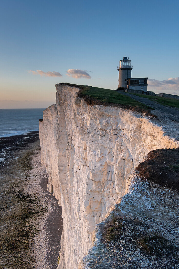 Belle Tout Lighthouse above white chalk cliffs, Beachy Head, near Eastbourne, South Downs National Park, East Sussex, England, United Kingdom, Europe