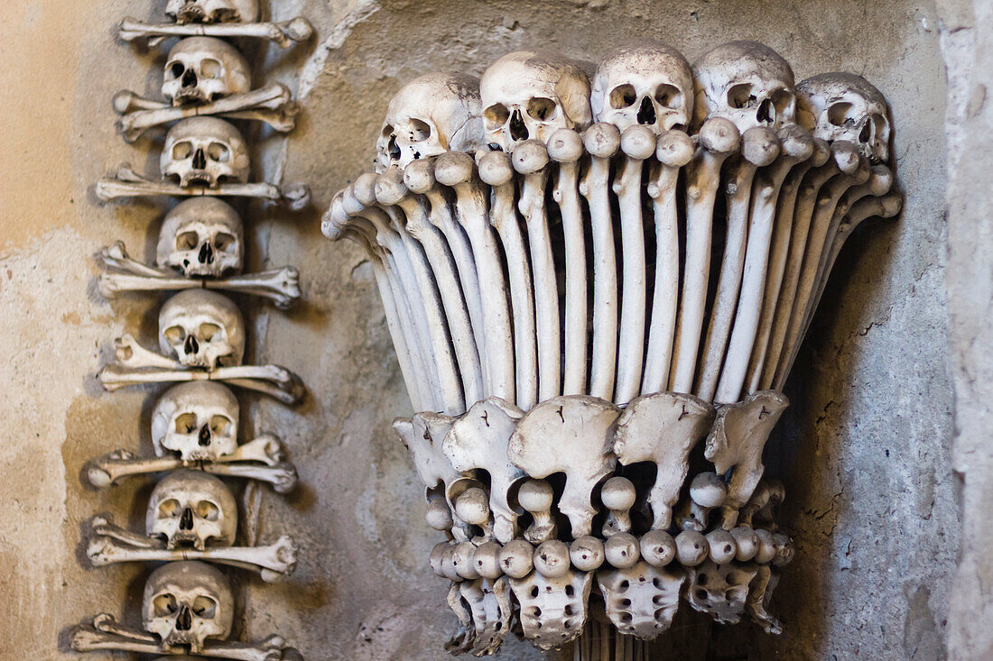 Decoration made of human skulls and bones, interior of Sedlec Ossuary, UNESCO World Heritage Site, Kutna Hora, Czech Republic (Czechia), Europe
