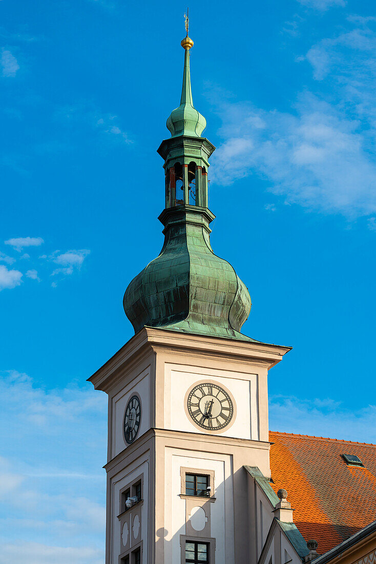 Detail of tower of Town Hall, Marketplace Square (TG Masaryk Square), Loket, Czech Republic (Czechia), Europe