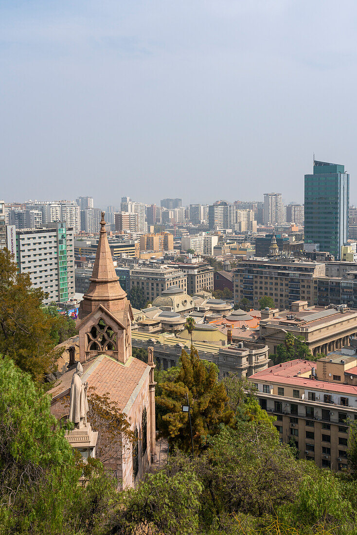 High-rise buildings of Santiago city center seen from top of Santa Lucia Hill, Santiago Metropolitan Region, Chile, South America