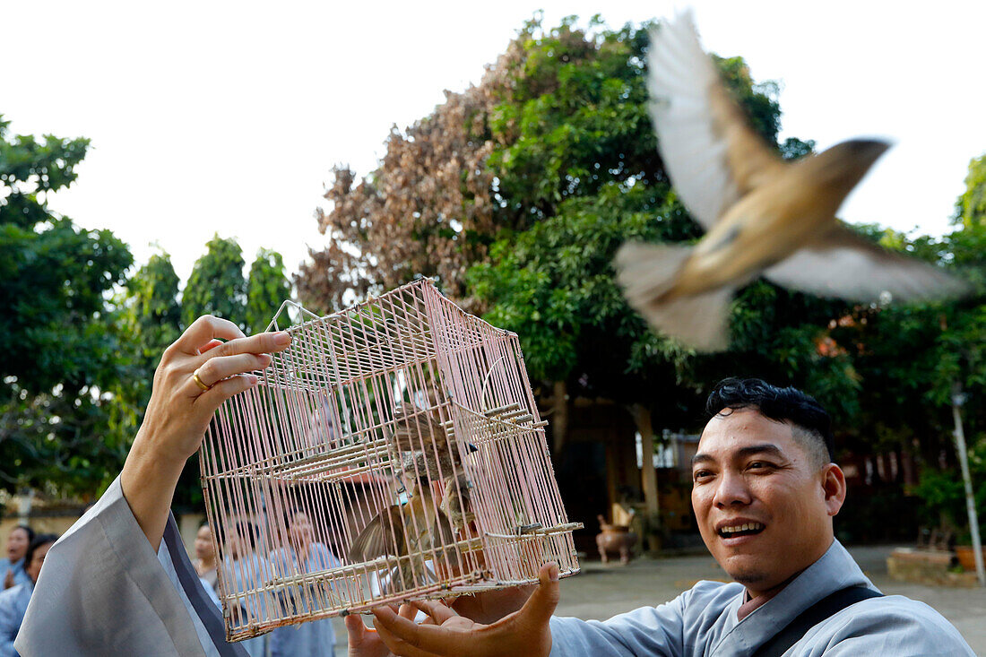 Quan Am Bo Tat temple, Buddhist ceremony of releasing birds back into the wild to help an individual accrue merit, Vung Tau, Vietnam, Indochina, Southeast Asia, Asia