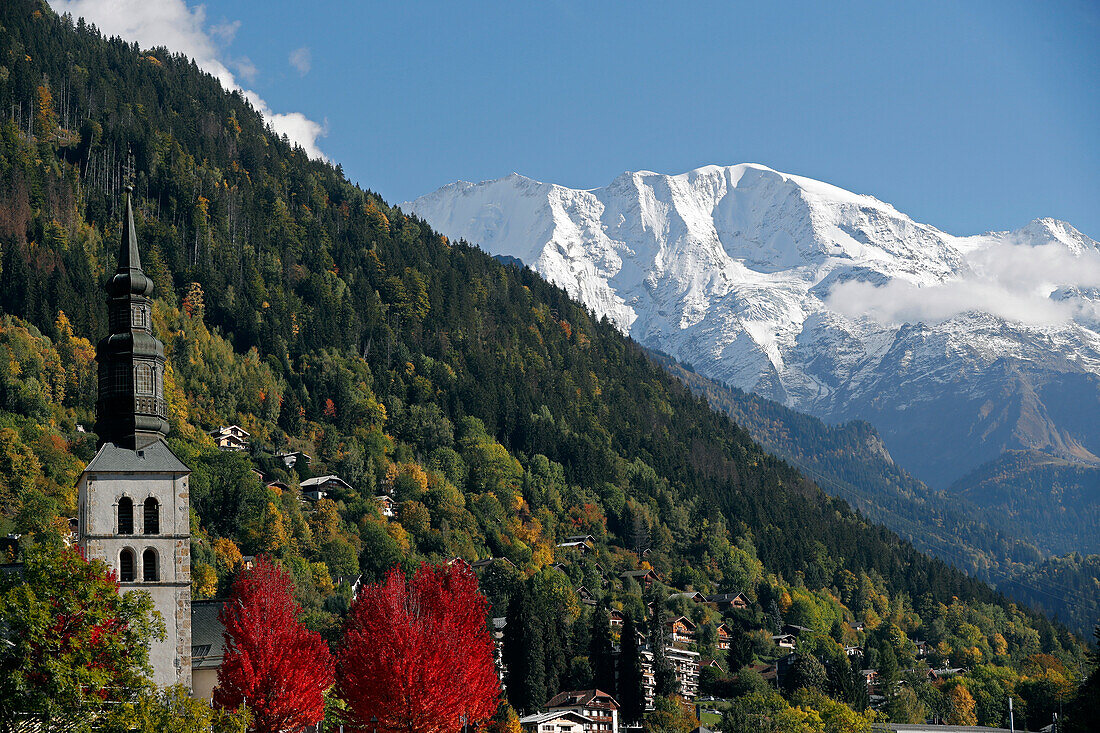 French Alps in autumn, Baroque church, Saint-Gervais, Haute Savoie, Auvergne-Rhone-Alpes, France, Europe