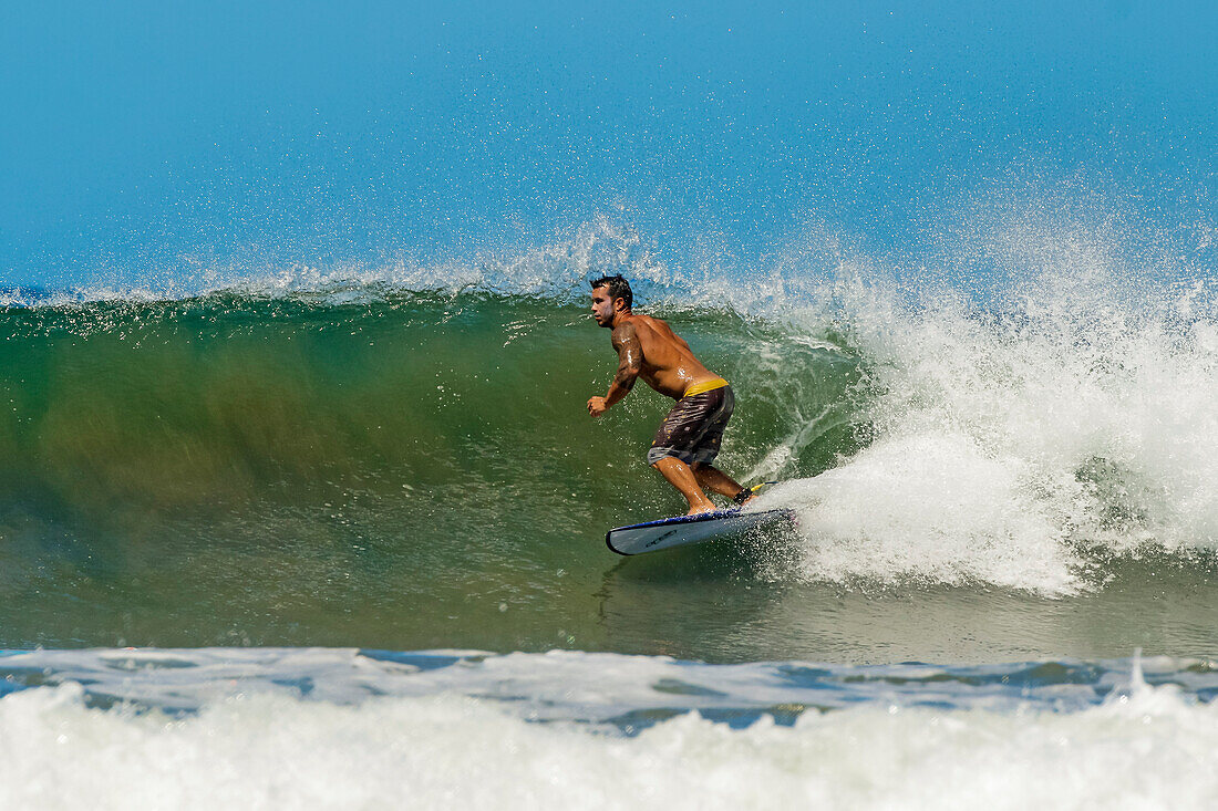 Ein Shortboard-Surfer reitet eine Welle an diesem schnell wachsenden Surfstrand und Yoga-Ziel, Playa Guiones, Nosara, Guanacaste, Costa Rica, Mittelamerika