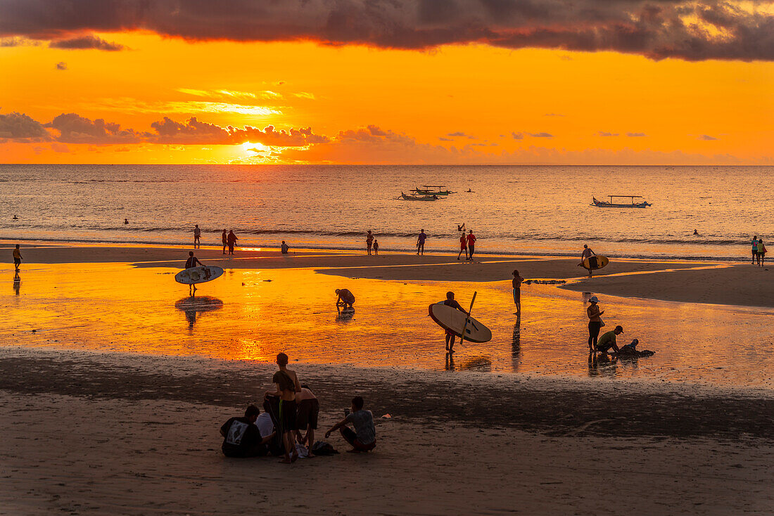 View of Kuta Beach at sunset, Kuta, Bali, Indonesia, South East Asia, Asia
