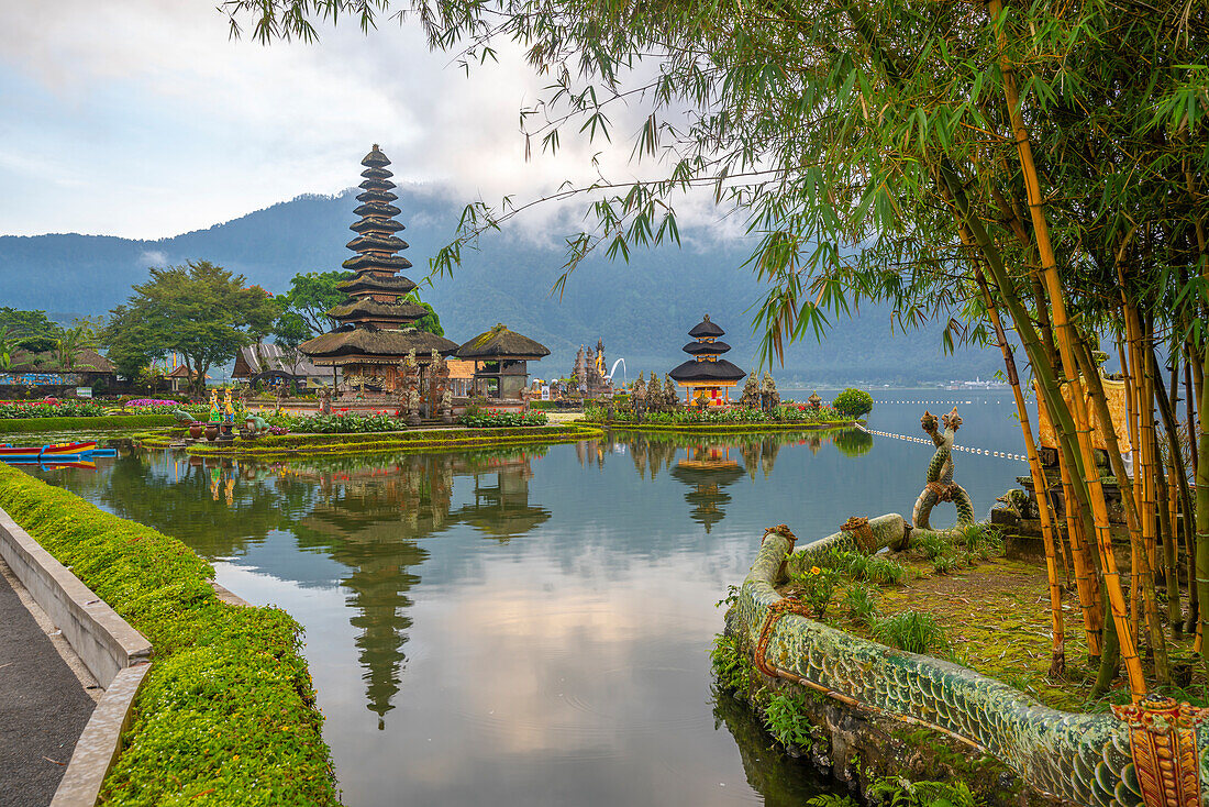 View of Ulun Danu Beratan temple on Lake Bratan after sunrise, Bali, Indonesia, South East Asia, Asia