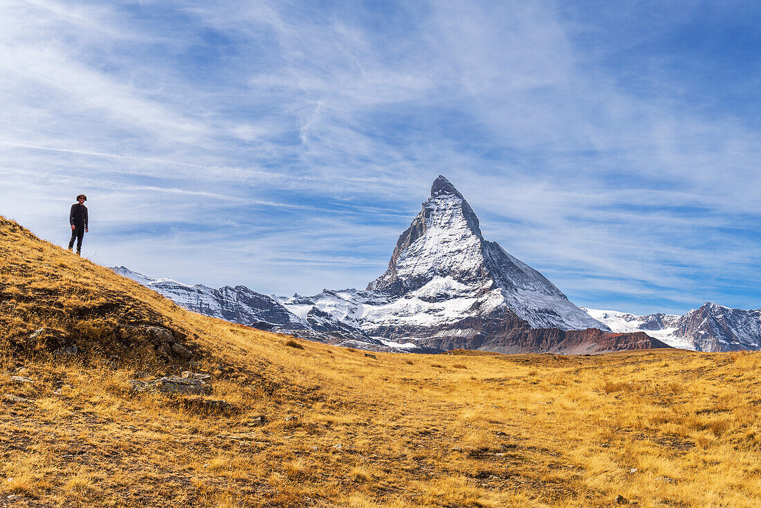 Hiker stands in front of the iconic shape of Matterhorn among yellow grasses, Riffelalp, Zermatt, Valais Canton, Swiss Alps, Switzerland, Europe