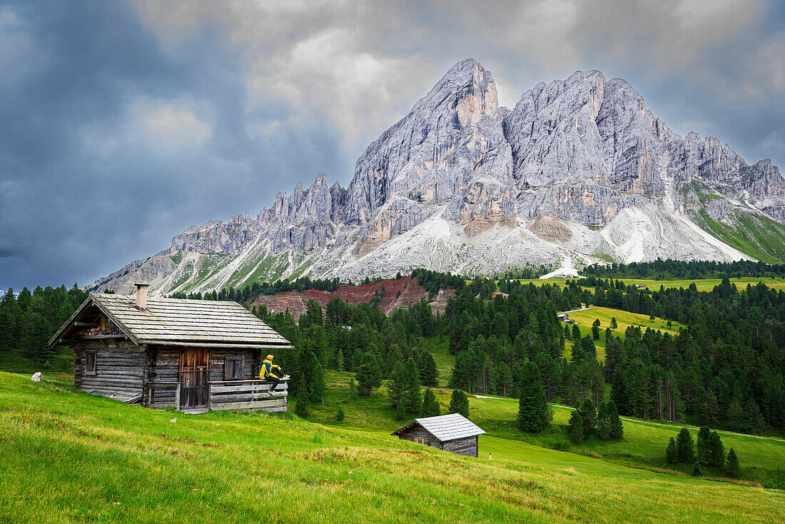Seitenansicht eines Wanderers auf einer Hütte in grünen Wiesen mit Blick auf das Felsmassiv des Sass de Putia, Passo delle Erbe, Dolomiten, Puez Geisler, Bezirk Bozen, Südtirol, Italien, Europa