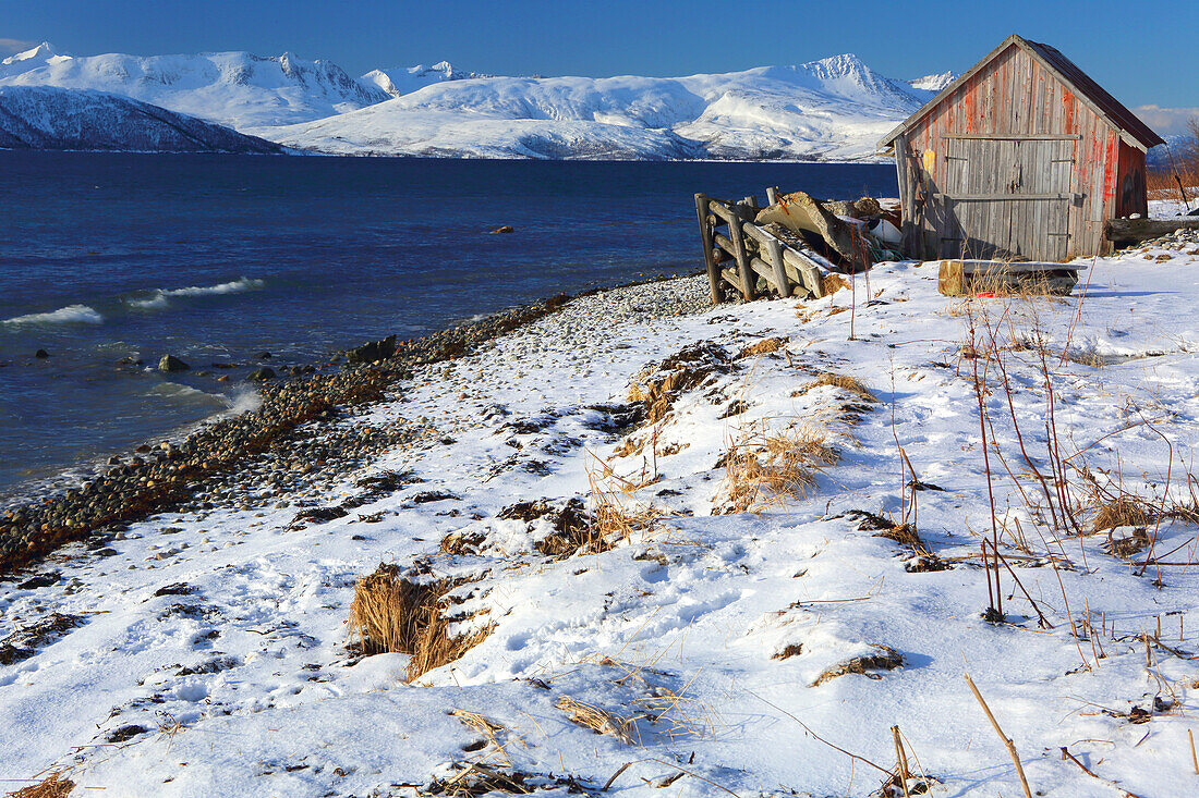 Rorbu und Fjord bei Sommaroy, Troms og Finnmark, Nordwest-Norwegen, Skandinavien, Europa