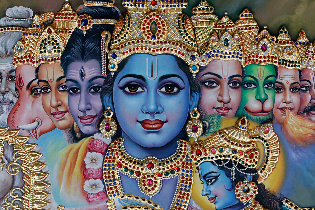 Sri Krishnan Hindu temple, blue-skinned Krishna, the Hindu deity of love and compassion, Singapore, Southeast Asia, Asia