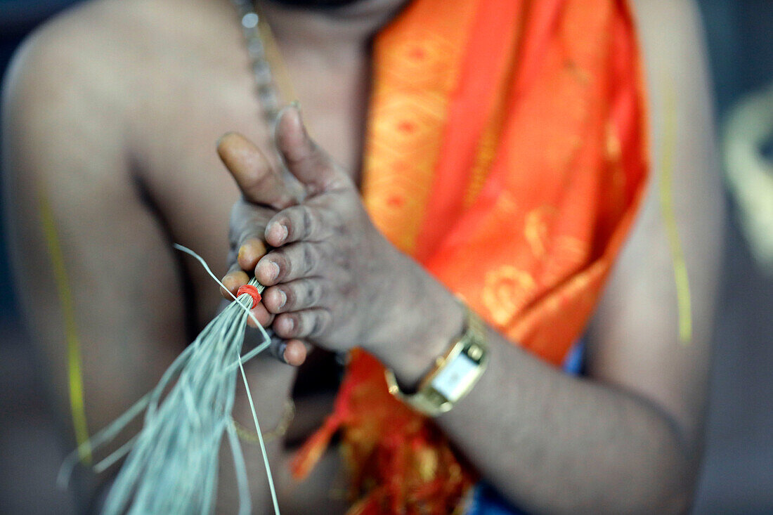 Sri Srinivasa Perumal Hindu temple, Hindu priest (Brahmin) performing puja ceremony and rituals, Singapore, Southeast Asia, Asia