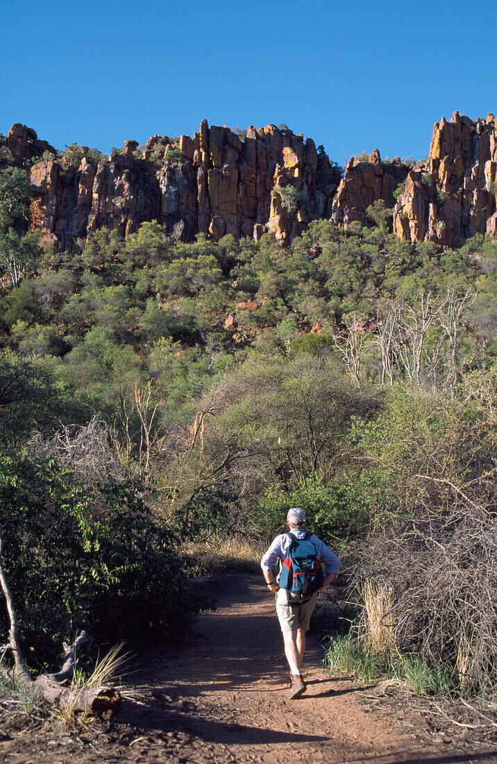 Man Hiking Towards Plateau, Rear View