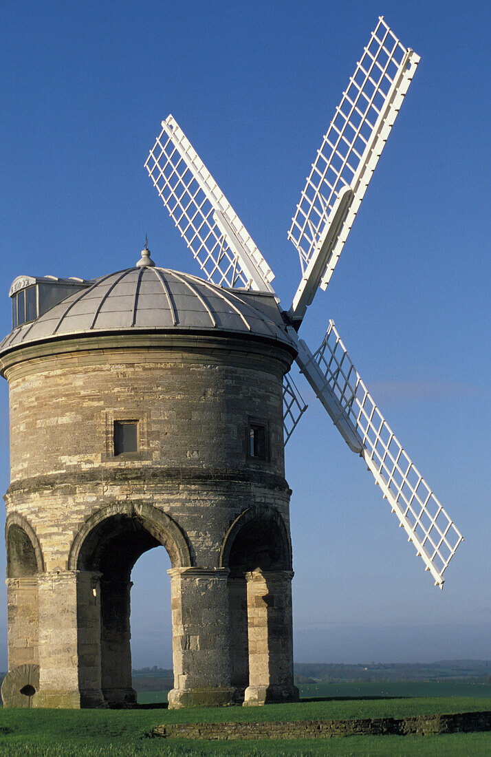 Windmühle in grünen Feldern