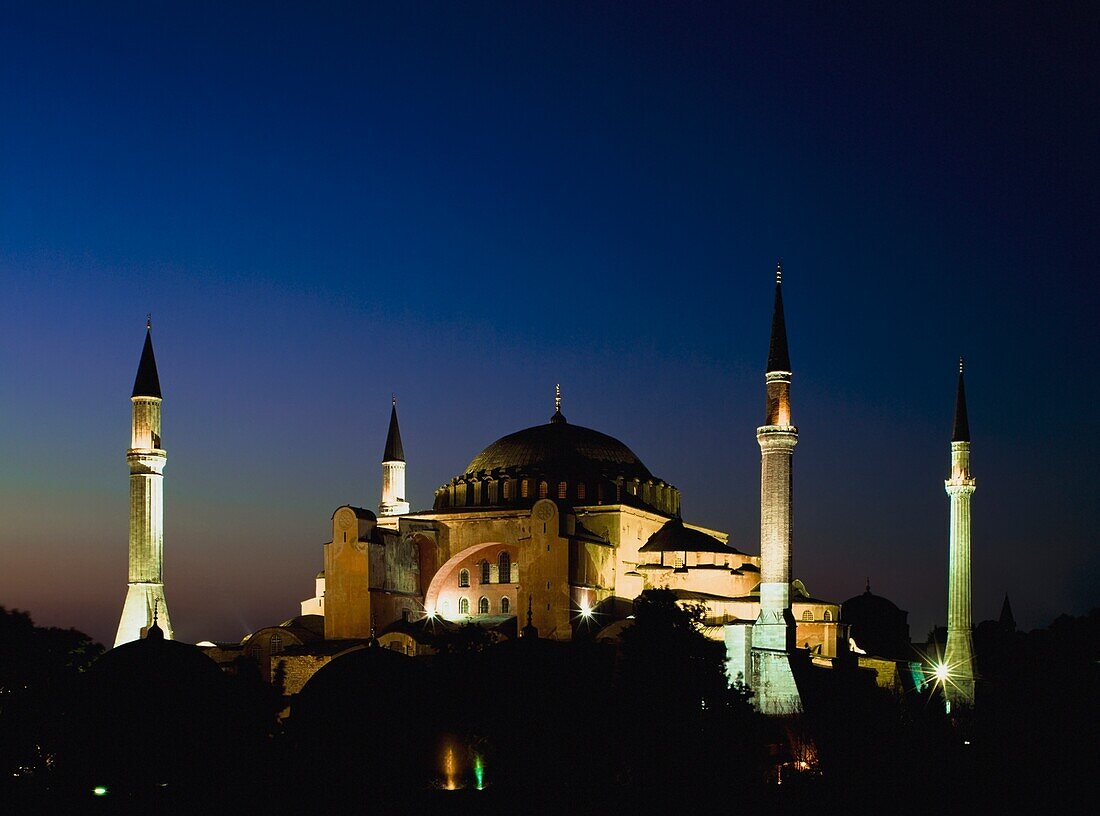 Illuminated Hagia Sophia Mosque At Dusk