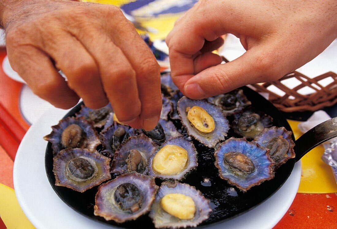 People Reaching For Typical Lunch Of Garlic Limpets, Close Up Of Hands