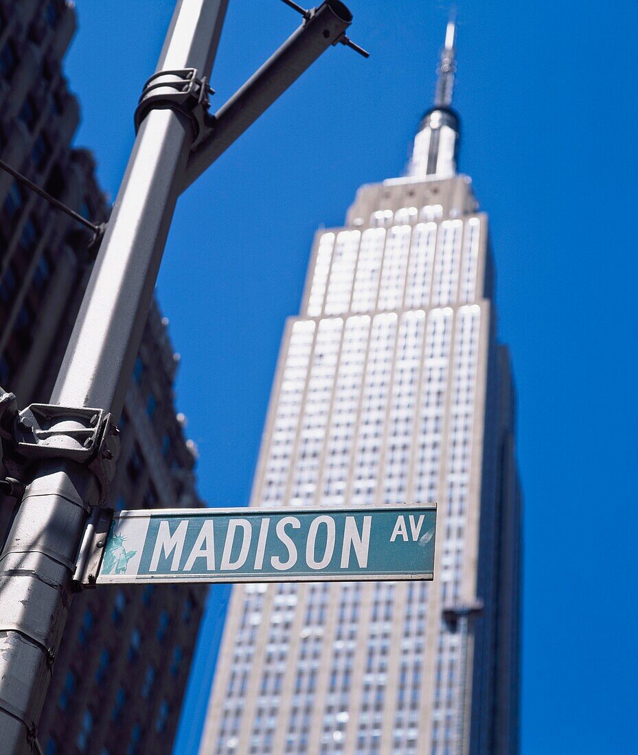 Madison Avenue Schild mit Empire State Building