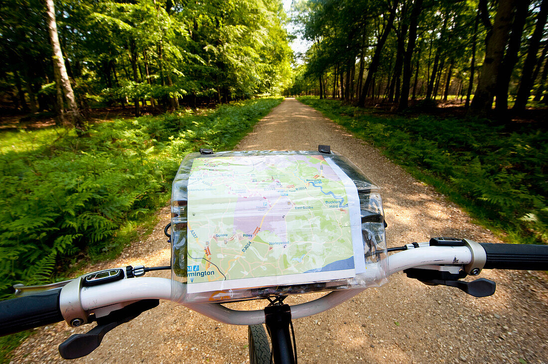 Radfahrer mit Karte auf einem Radweg um Brockenhurst, New Forest National Park