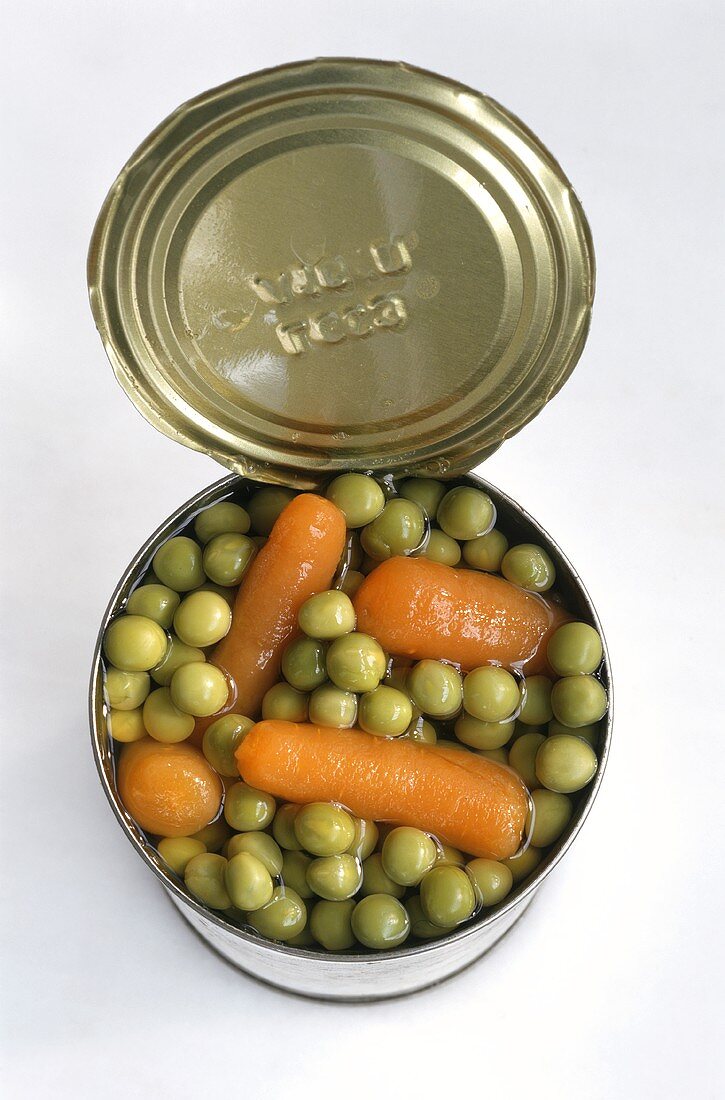 A opened tin of mixed vegetables (from above)