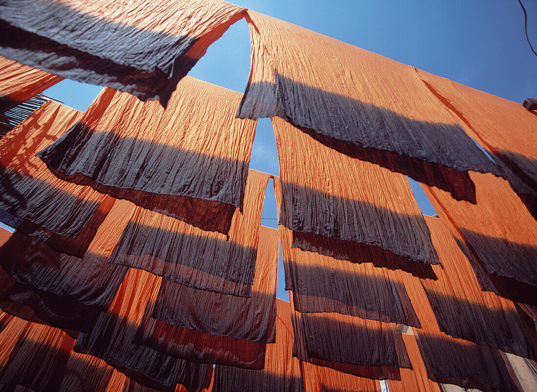Fleshly Dyed Cloth Hanging Up In Souks Of Marrakesh,Morocco
