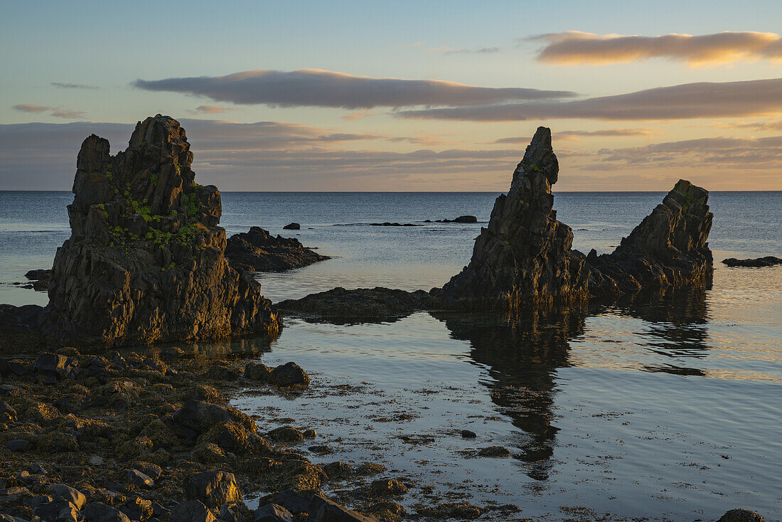 Lava Pillars At Sunrise Along The Strandir Coast; West Fjords, Iceland