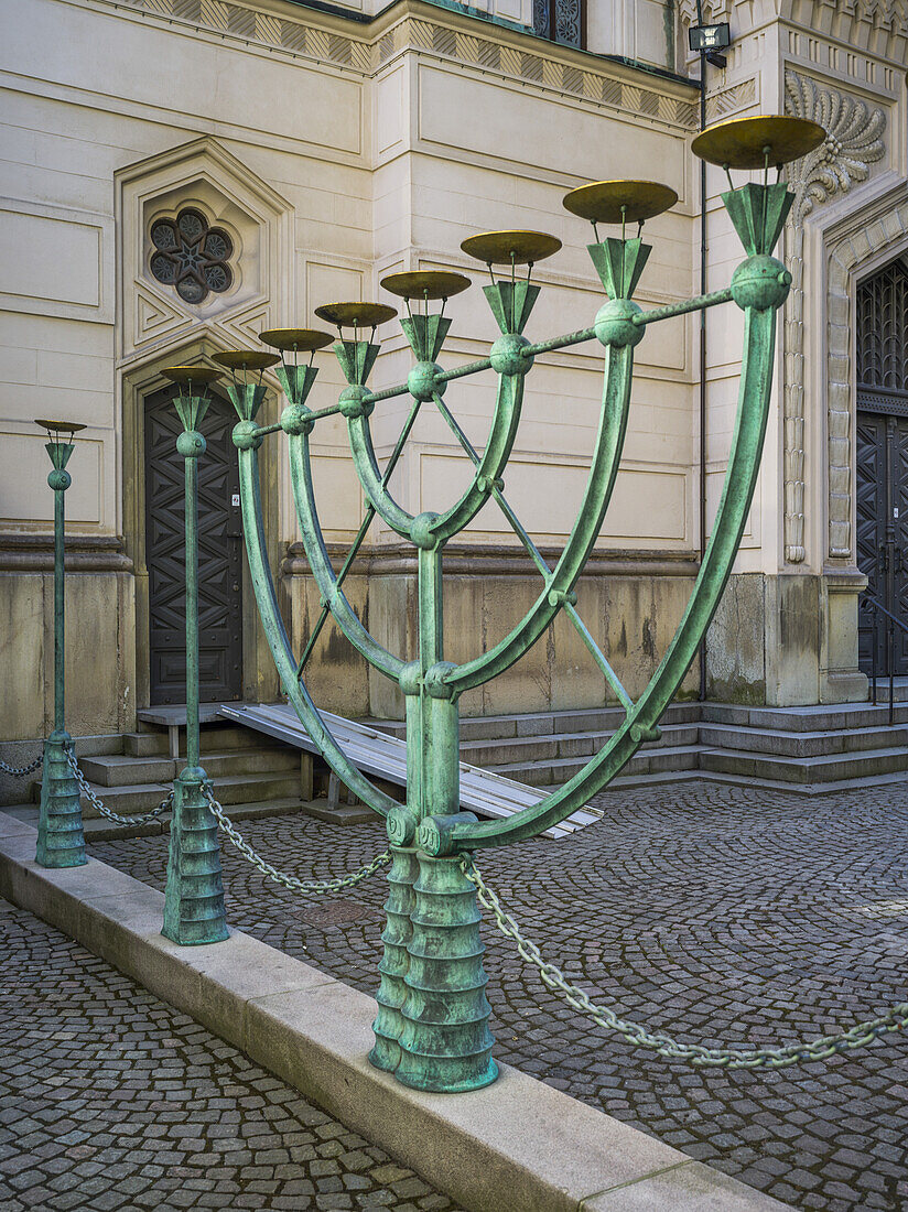 Large Green Menorah Outside The Great Synagogue Of Stockholm; Stockholm, Sweden