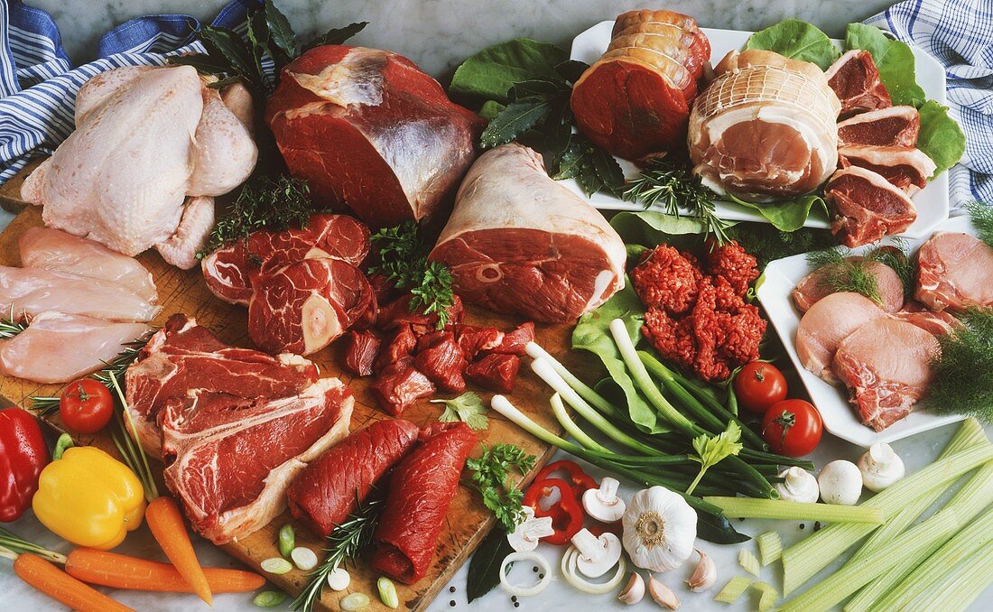 Still life with beef, pork, lamb, poultry & vegetables