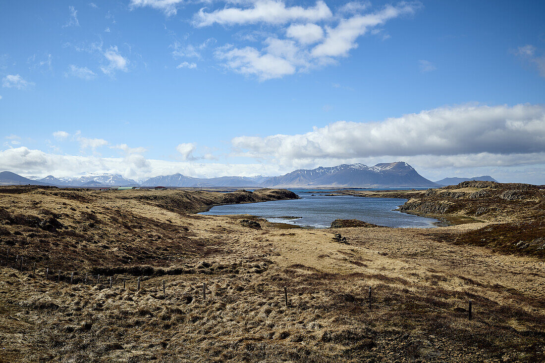 Braune Landschaft entlang der Küste mit Berggipfeln in der Ferne, Halbinsel Snaefellsnes; Island