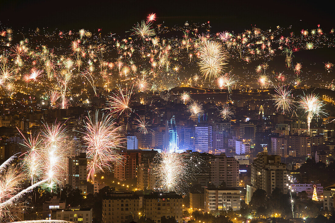 Fireworks Over The City Of Cochabamba At New Years; Cochabamba, Bolivia