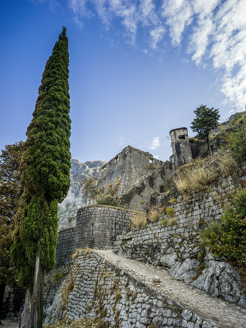 Steinmauern und Weg der Festung von Kotor mit Berg und blauem Himmel; Kotor, Montenegro
