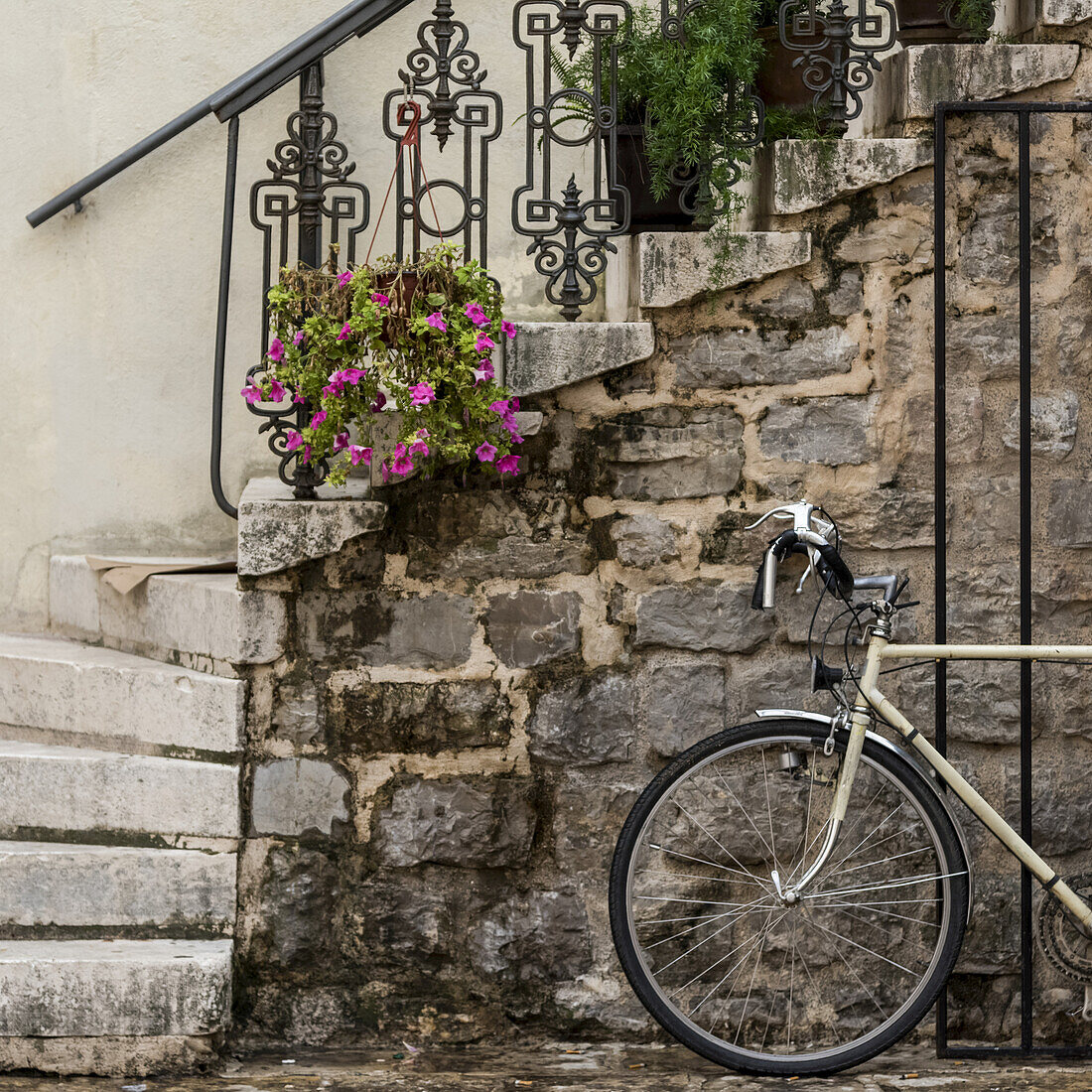 A bicycle parked beside a stone wall with steps leading up and plants decorating the railing; Budva, Opstina Budva, Montenegro