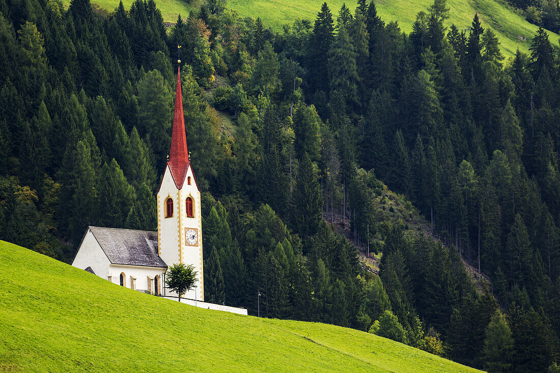 Hoher Kirchturm auf grasbewachsenem Berghang mit bewaldetem Hang im Hintergrund; Parggenhof, Bozen, Italien.