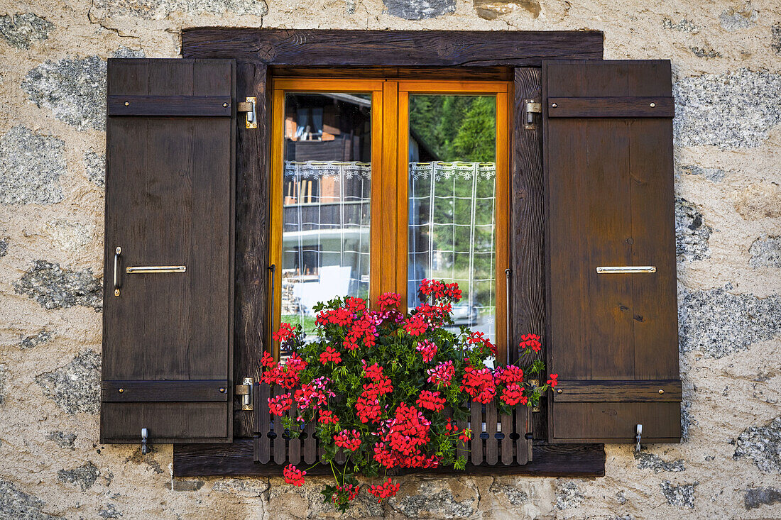 Nahaufnahme eines Schweizer Chaletfensters mit Blumentopf; La Fouly, Val Ferret, Schweiz