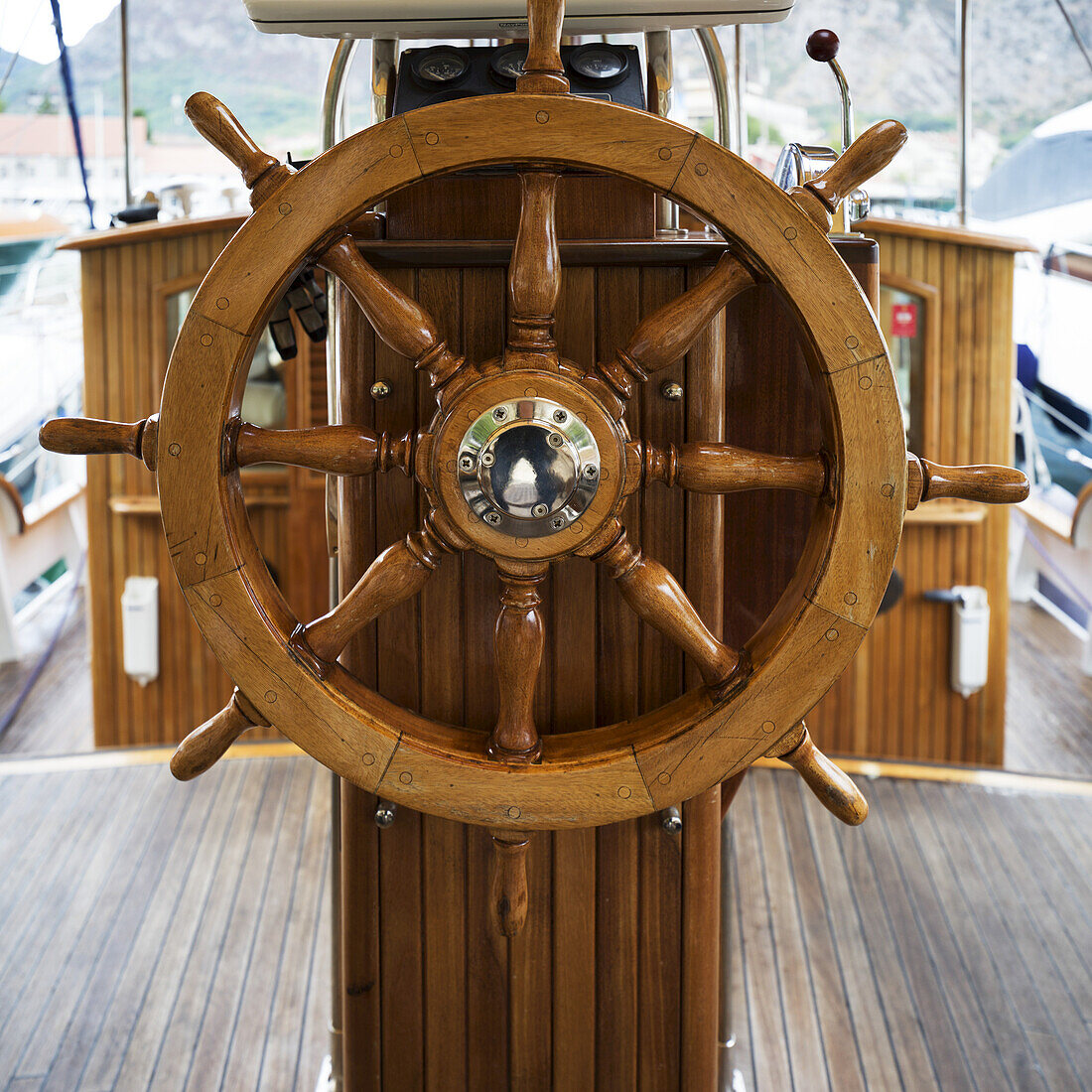 Wooden steering wheel on a boat; Kotor, Montenegro